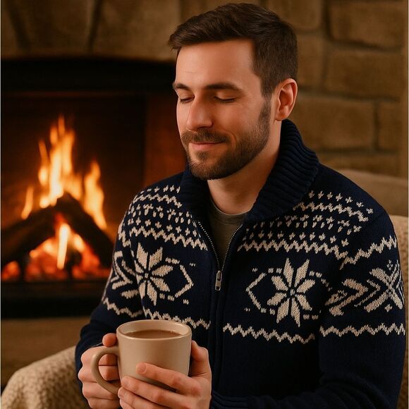 Vintage Express  Nordic Zip Sweater | Blue & White Snowflake Knit | Size Medium - Picture 7 of 15